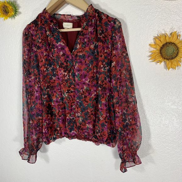 Melloday Floral Bouquets Ruffle Sleeve Fabric Quarter Button Blouse Sz XL Womens - Picture 12 of 13